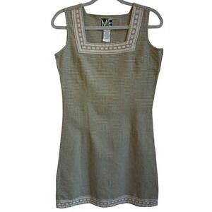 90s Mini Sheath Dress Women Size S Green Micro Check Embroidered Square Neck